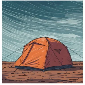Illustration depicting a sturdy Eureka 4 person tent resisting strong winds during camping.