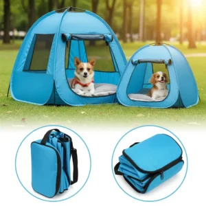 Compact and folded pop up dog tent for easy storage and travel.