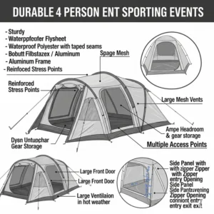 Four people comfortably relaxing inside a tent at a sporting event, enjoying shade and protection.