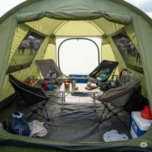 Inside view of a four person tent set up at a sporting event, showing accessories like chairs and a small table.