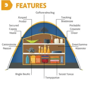 Diagram highlighting key features of a durable four person tent designed for use at sporting events.