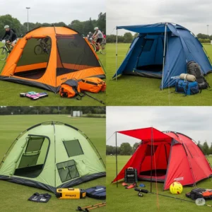 A collection of four person tents in various colors and styles suitable for different sporting events.