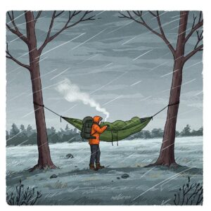 Illustration showing the limitations of backpacking hammocks, such as the need for trees and potential exposure to cold
