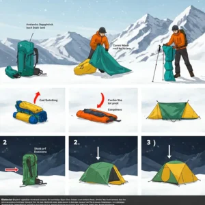 Step-by-step illustration showing the easy setup process of an avalanche backpack tent.