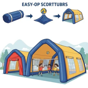 Animated illustration of an inflatable sports structure, demonstrating its quick inflation and use as a temporary sports tent.