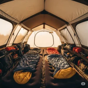 Inside view of a large best 8 person tent with ample space for sleeping and gear.