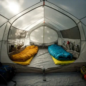 Inside view of a comfortable Marmot 3 person tent, highlighting its space and features.