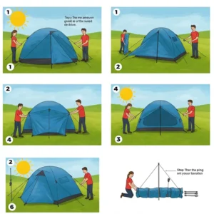 Illustration showing the easy setup steps of a Marmot 3 person tent.