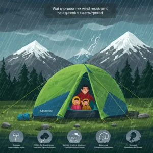 Illustration depicting a waterproof and wind-resistant Marmot 3 person tent standing strong in different weather conditions.