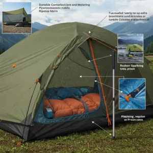 Illustration highlighting the durable construction and materials of a Marmot two person tent.