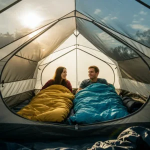 Inside view of a Marmot two person tent, demonstrating the comfortable space for two people.
