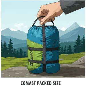 Illustration of the compact packed size of a Marmot two person tent, emphasizing its portability.