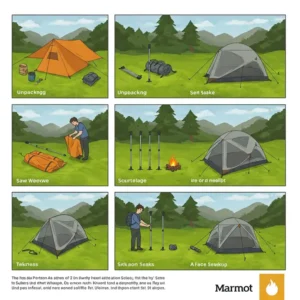 Illustration showing the easy setup steps for a Marmot two person tent.