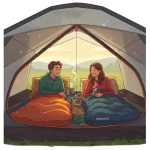 Illustration of two people comfortably inside a Marmot two person tent, suggesting its intended use.