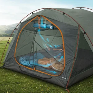 Detailed illustration of the ventilation system in a Marmot two person tent, ensuring airflow.