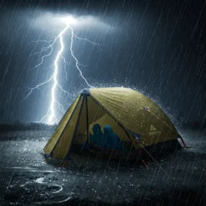 Illustration depicting a Marmot two person tent standing up to different weather elements, showcasing its weatherproof features.