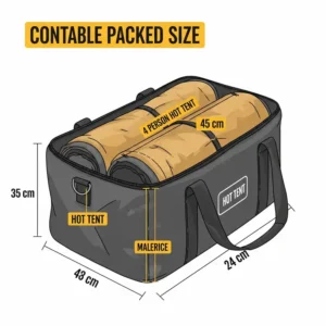 Illustration showing the compact packed size of a portable 4 person hot tent for easy transport.