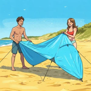 Illustration depicting two people easily setting up a portable backpack beach tent on the sand.