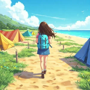 Illustration of a person with a backpack walking on a sandy path towards several beach tents pitched near the ocean.