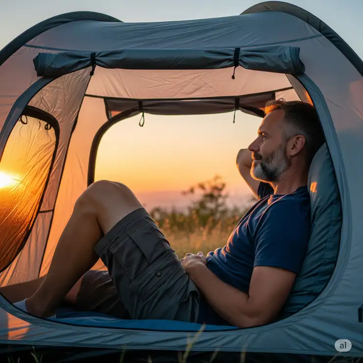 A person comfortably relaxing inside a personal pop up tent during a camping trip.