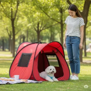 Convenient pop up dog tent set up outdoors for portable shade and shelter.