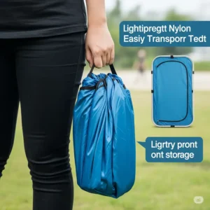 Compact and folded pop up shower tent for easy transport.