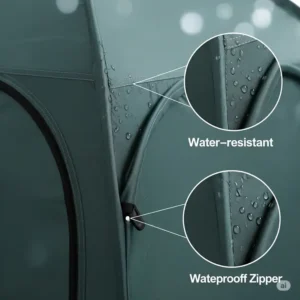 Durable and water-resistant material of a pop up shower tent.
