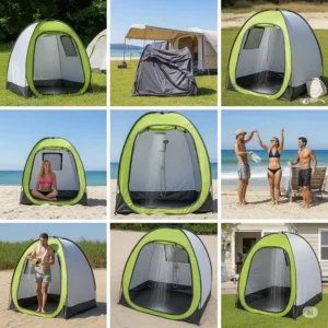 Different views of a portable pop up shower tent.