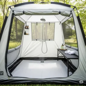 Spacious interior of a pop up shower tent for comfortable showering.