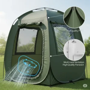 Pop up shower tent with ventilation and window features.
