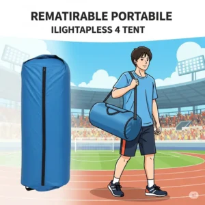 Illustration showcasing the portability of a folded four person tent, easy to carry to sporting events.