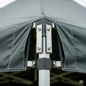 Detail of reinforced corner construction on a durable 10x10 canopy.