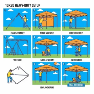 Illustration showing the easy setup process of a 10x20 heavy duty canopy