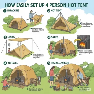 Illustration showing the steps to easily set up a 4 person hot tent for camping.