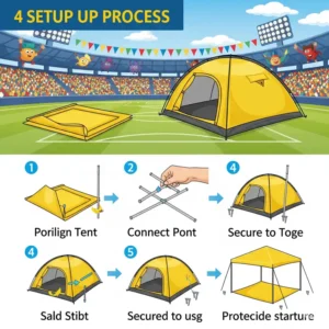 Illustration showing the easy setup process of a four person tent, ideal for sporting events.