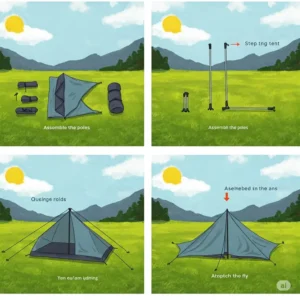 Illustration showing the simple steps to quickly set up a single person backpacking tent in the outdoors.