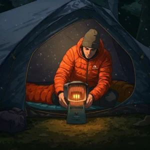 Illustration showing a person carefully setting up a backpacking tent heater inside their camping tent.