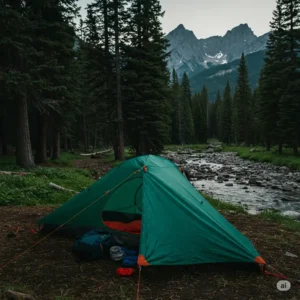 A lightweight single person backpacking tent pitched at a scenic campsite, ready for a solo adventure.