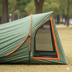 Side view of a single-person pop up shelter, ideal for individual use.