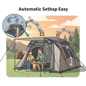 Illustration of a smart tent with automatic setup capabilities, making camping quick and easy