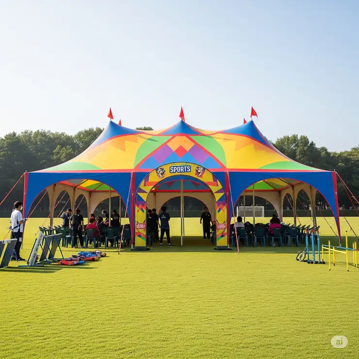A vibrant sports tent set up for an outdoor event, providing shelter and a focal point for participants and spectators.