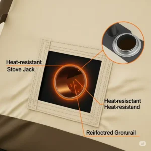 Close-up illustration of the heat-resistant stove jack feature on a 4 person hot tent.
