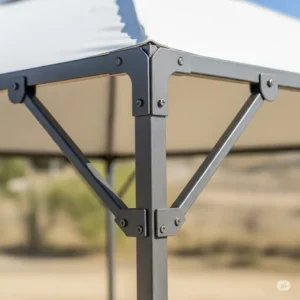 Close-up of the robust frame of a heavy duty 10x10 canopy.