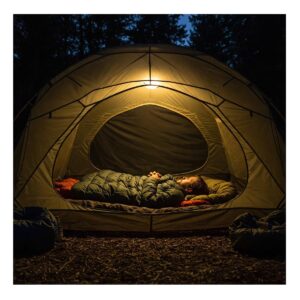 Inside a backpacking tent for a tall person, showcasing the generous headroom and legroom.