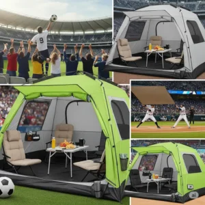 A four person tent pictured at various sporting events like soccer and baseball games, providing spectator comfort.