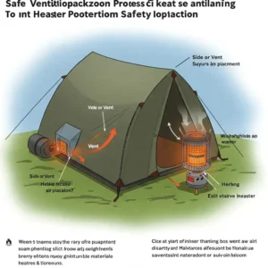 Diagram illustrating the safe ventilation process for a backpacking tent heater, emphasizing airflow and safety precautions.