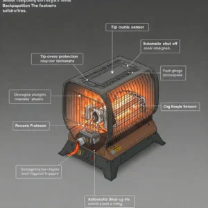 Detailed illustration highlighting the safety features of a backpacking tent heater, such as tip-over protection and automatic shut-off.