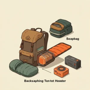 Illustration comparing the compact size of a backpacking tent heater to other essential camping gear like a sleeping bag and backpack.