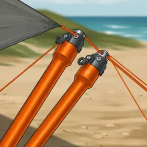 Close-up illustration of tent poles being used to set up a beach tent on the sand.