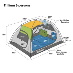 Diagram illustrating the dimensions and spaciousness of the trillium 3 person tent